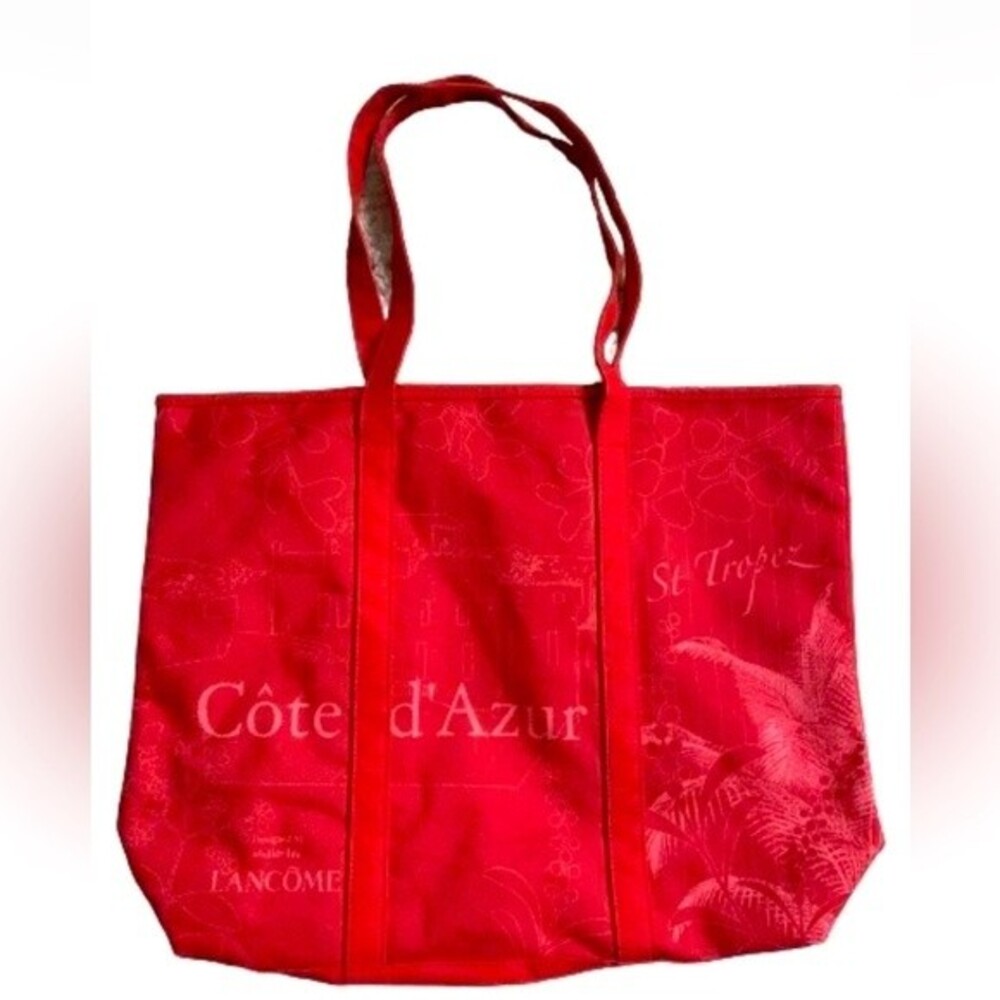 LANCOME Red Large Tote Bag Purse Beach Travel Handbag Canvas New Vintage